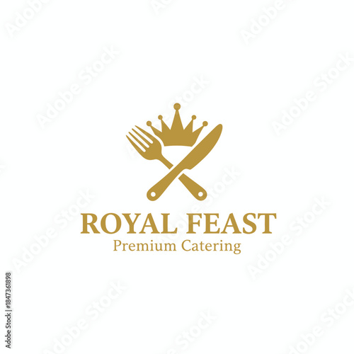 Royal Feast Premium Catering logo featuring a golden crown with crossed fork and spoon, symbolizing luxury, quality cuisine, and professional catering service.