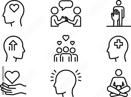 Mental health and wellbeing line icons set showing mindfulness support empathy communication therapy self care vector collection