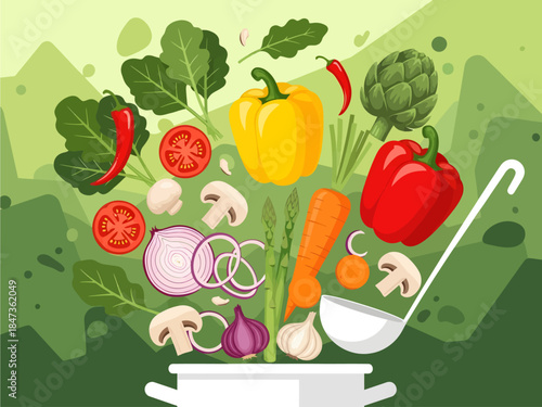 Bursting with flavor, a gravity-defying medley of vibrant bell peppers, sliced onions, mushrooms, and asparagus spears rises energetically from a white pot in this colorful tribute to fresh cooking