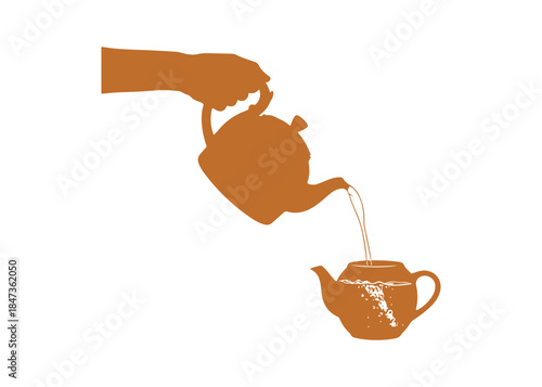 Step-by-step tea brewing process illustrated in vector form. A minimalist flat design for tea, coffee, and other beverage packaging. Icons for making tea, set on a white background.

