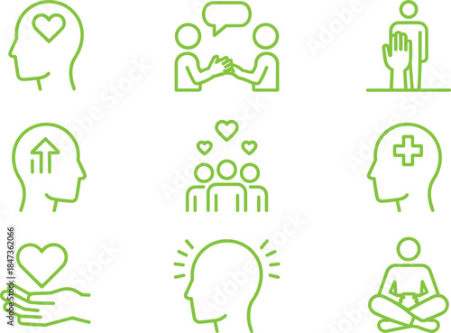 Mental health and wellbeing line icons set showing mindfulness support empathy communication therapy self care vector collection