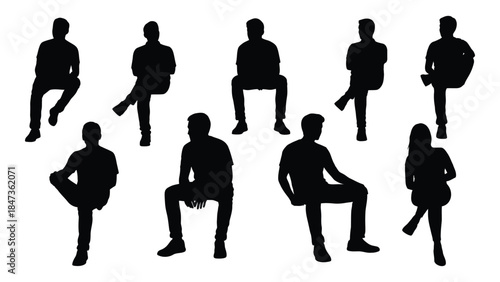 Diverse group of people in various casual poses presented as a striking black silhouette