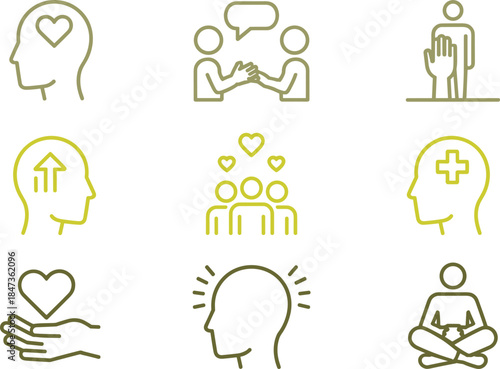 Mental health and wellbeing line icons set showing mindfulness support empathy communication therapy self care vector collection