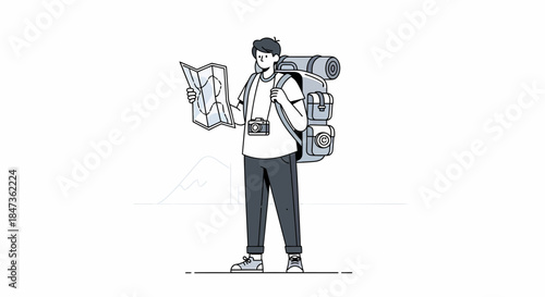 Adventurous Backpacker Planning Next Trip With Vintage Map