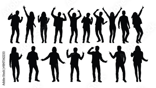 A diverse group of people celebrating with raised arms depicted in a striking silhouette