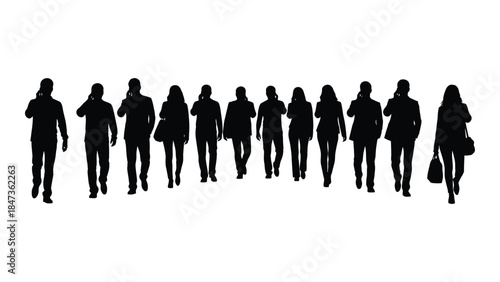 A line of people walking forward displaying various poses and clothing a striking silhouette