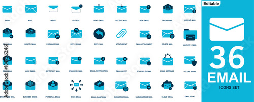 36 Editable Email Icons Set Showing Inbox Outbox Send Receive Attachment Spam Notification Business Mail Symbols for Web App UI UX Design Infographic and Digital Communication