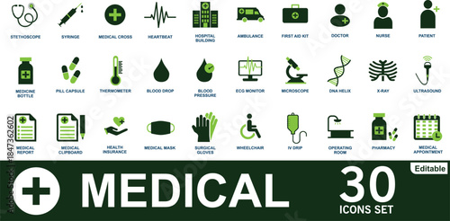 Editable Medical Icons Set of 30 Healthcare Symbols Including Doctor Nurse Hospital Medicine Ambulance First Aid Pharmacy Equipment for Medical App UI Web Design Infographic