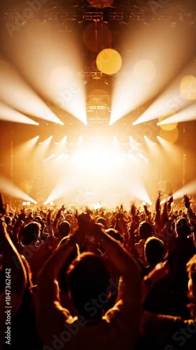 Symmetrical view of bright golden stage lights shining over a cheering crowd at a music concert