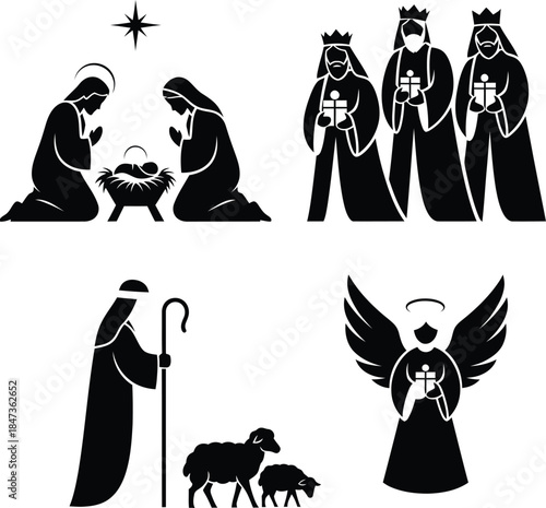 Nativity scene silhouette with mary joseph baby jesus in manger and donkey under bethlehem star vector illustration for christian christmas religious celebration.