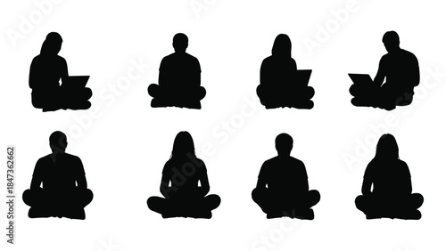 People meditating in various poses a calming visual representation in black silhouette