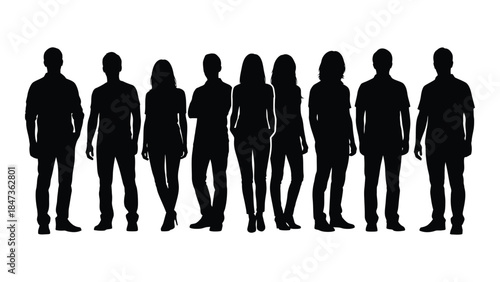 A row of ten people standing in a dark solid form a striking silhouette