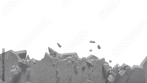 Wall description involves a sudden, forceful rupture, sending debris like concrete
