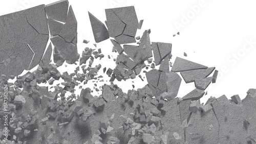 Wall description involves a sudden, forceful rupture, sending debris like concrete