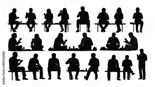 A collection of black silhouettes depicting people in various seated and standing poses silhouette