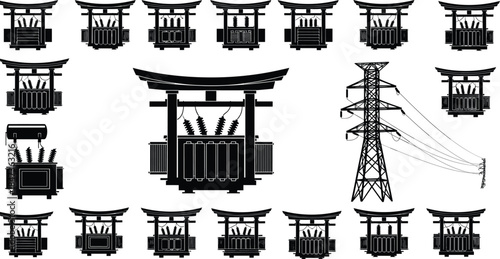 Electrical transformer and transmission tower icon set, black silhouette vector illustration of power infrastructure and energy distribution components