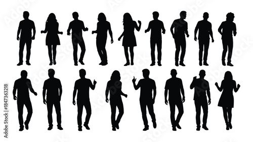 A collection of diverse human figures presented as dark shapes against a white background silhouette