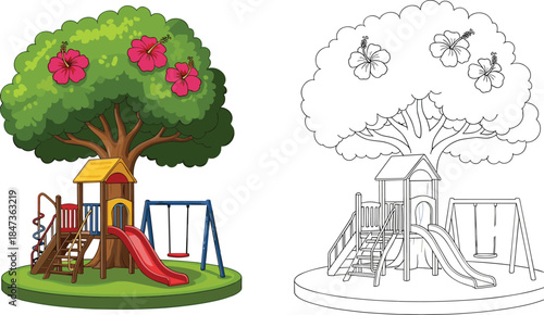 Playground scene before and after coloring, tree, slide, swing set, outlined and colored vector illustration for children’s activity design