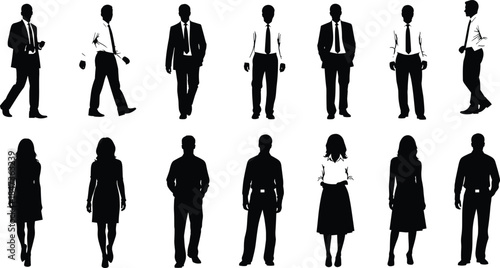 Business and casual people silhouettes in various poses, professional attire, walking and standing postures, isolated black vector figures on white
