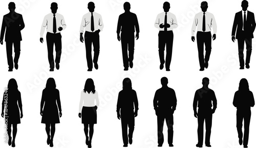 Professional and casual people silhouette set, diverse poses, business attire, walking, standing, isolated black vector figures on white background