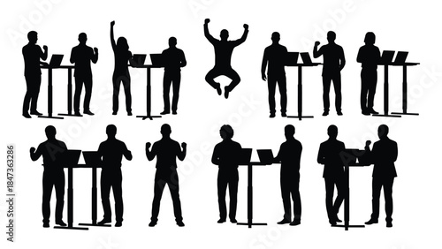 Diverse people working and interacting with technology a collection of black silhouettes