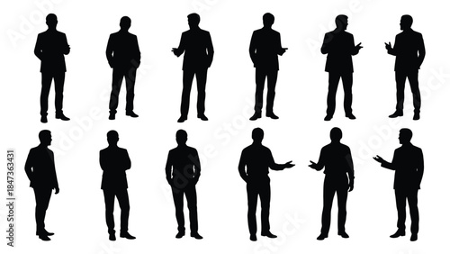 A collection of various business people in different poses presented as a dark silhouette