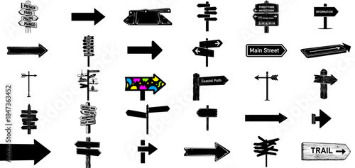 infinite paths diverse arrows and signposts pointing towards future possibilities and decisions set, isolated on transparent background