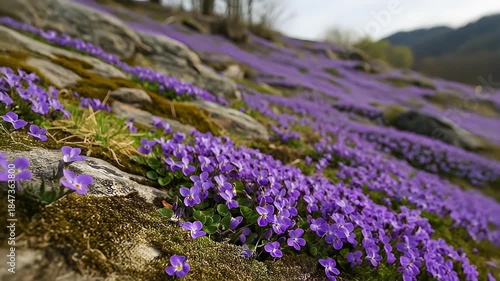 Blooming Purple Flowers Covering Rocky Hillside in Springtime