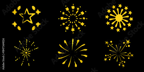 Golden starbursts and sparkles against a dark black background creating a festive feel