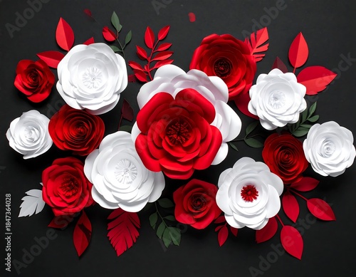 Colorful paper flower arrangement in shades of red and white on black