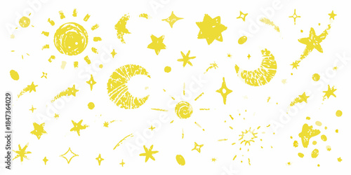 A whimsical collection of yellow suns moons and stars childlike drawing style