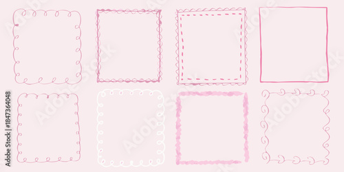 Collection of hand drawn pink frames and borders on a light pink background