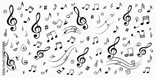 An elegant pattern of musical notes and symbols on a white background
