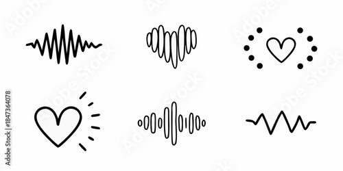Simple black and white line drawings of hearts and sound waves
