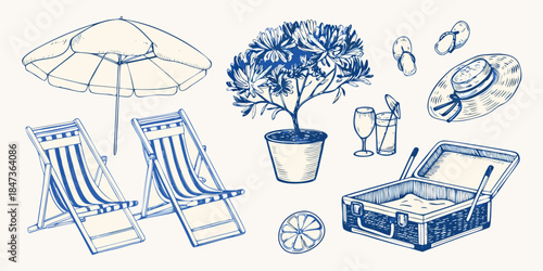 A charming sketch depicting beach essentials umbrella chairs and summer accessories