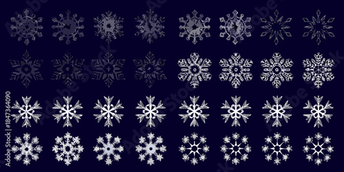 A collection of diverse snowflake designs on a dark blue background