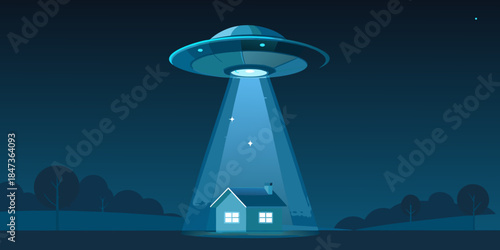 A glowing unidentified flying object shines a beam on a small house