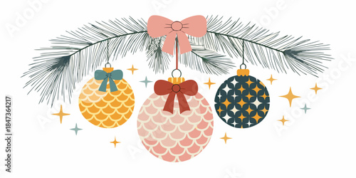 Festive christmas decorations with pine branch ornaments and twinkling star accents