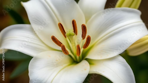 Closeup of a White Flower with Yellow Center and Brown Stamens