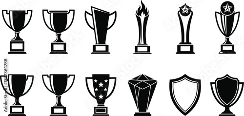 Black trophy and award cup icons collection vector illustration for winner achievement, competition prize symbols, success concept isolated on white background