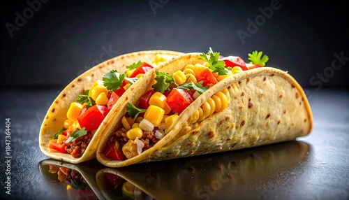 Two fully-loaded tacos, overflowing with fresh ingredients, dark backdrop