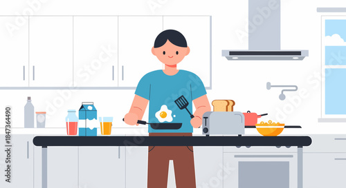 Boy Cooking Breakfast At Home Vector Illustration On Isolated Background