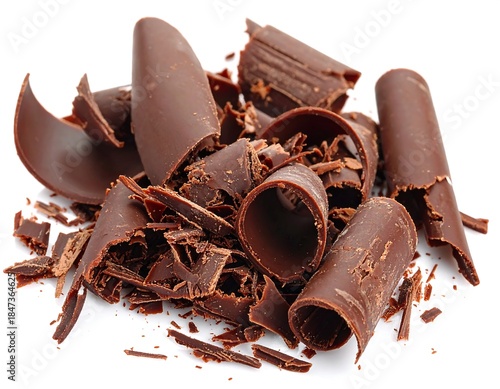 Dark chocolate shavings, curls, and shards on a clean white backdrop