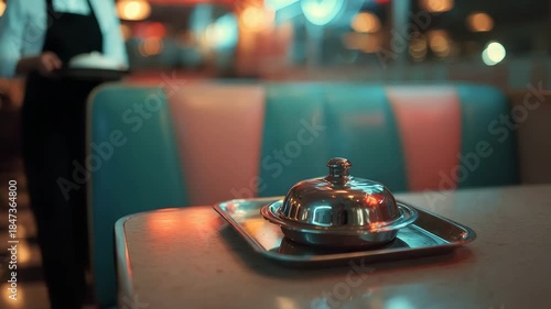 Vintage diner table with covered dish on silver tray