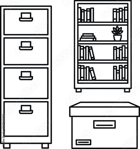 Line drawing of office furniture including a filing cabinet bookcase and storage box isolated on transparent background