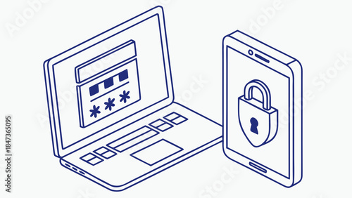 Digital security illustration featuring a laptop with a password and a tablet with a lock icon, emphasizing secure online access