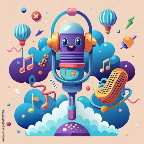 Whimsical microphone character with musical elements and hot air balloons