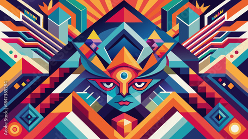 Vibrant geometric abstract face with tribal and futuristic elements