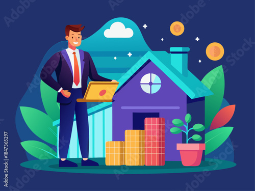 Businessman with laptop and house illustrating financial growth