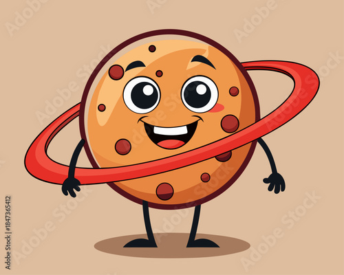 Happy cartoon planet with red rings and cute face